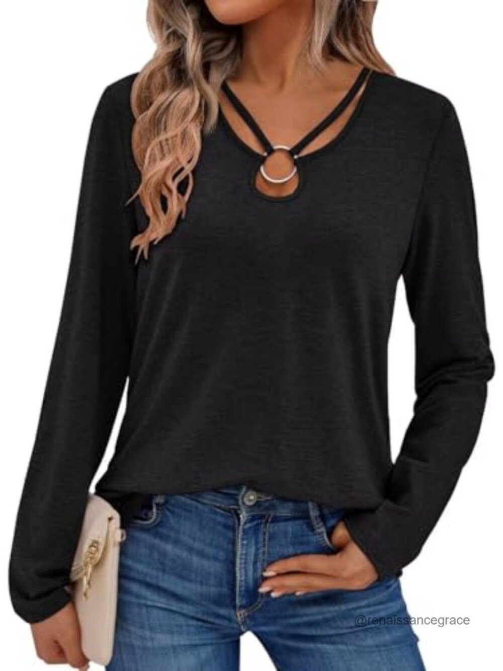 Womens Long Sleeve Keyhole Neck Top Stretch Pullover Tee